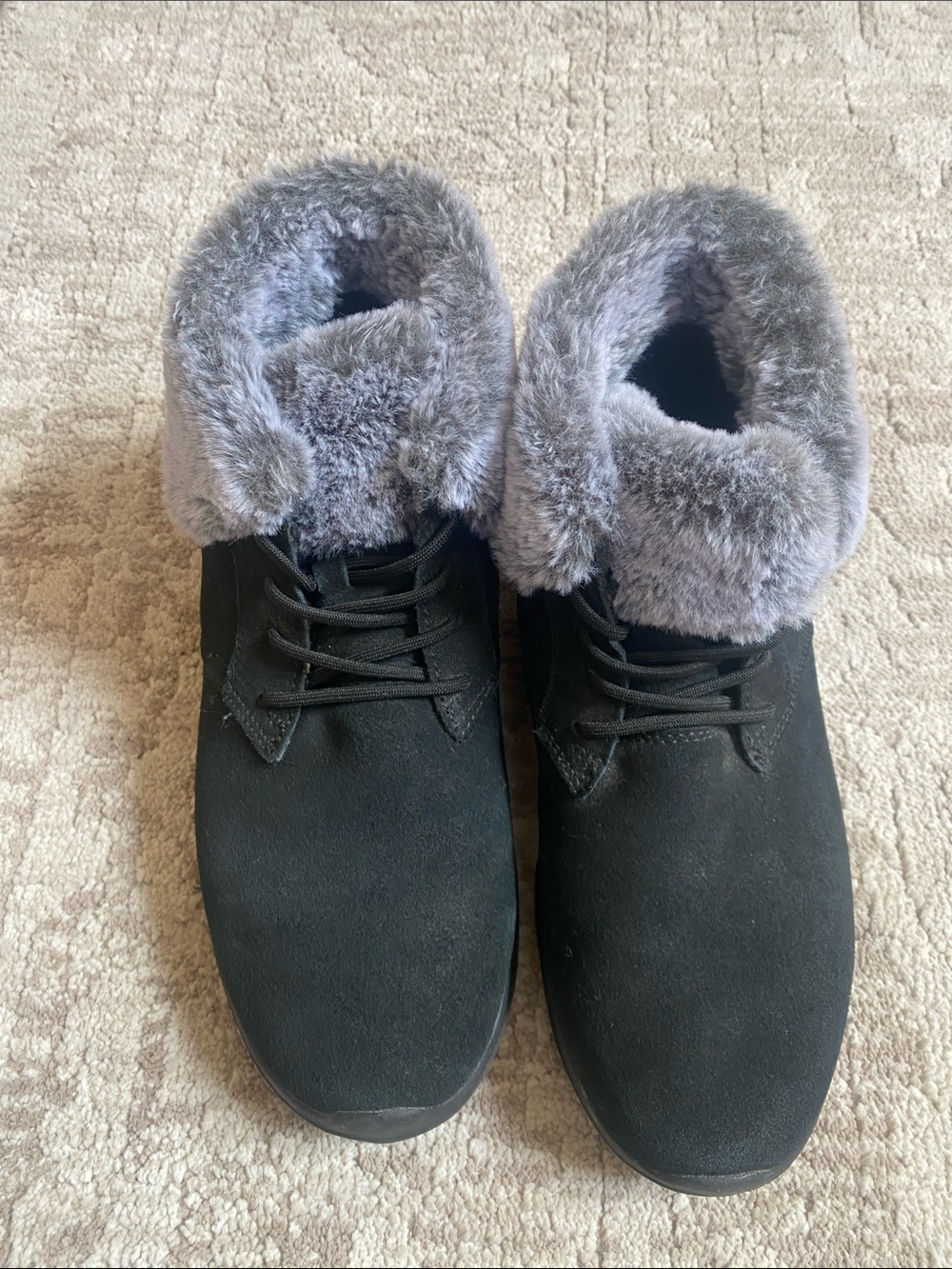 Skechers Black Ankle Boots with Gray Faux Fur Collar